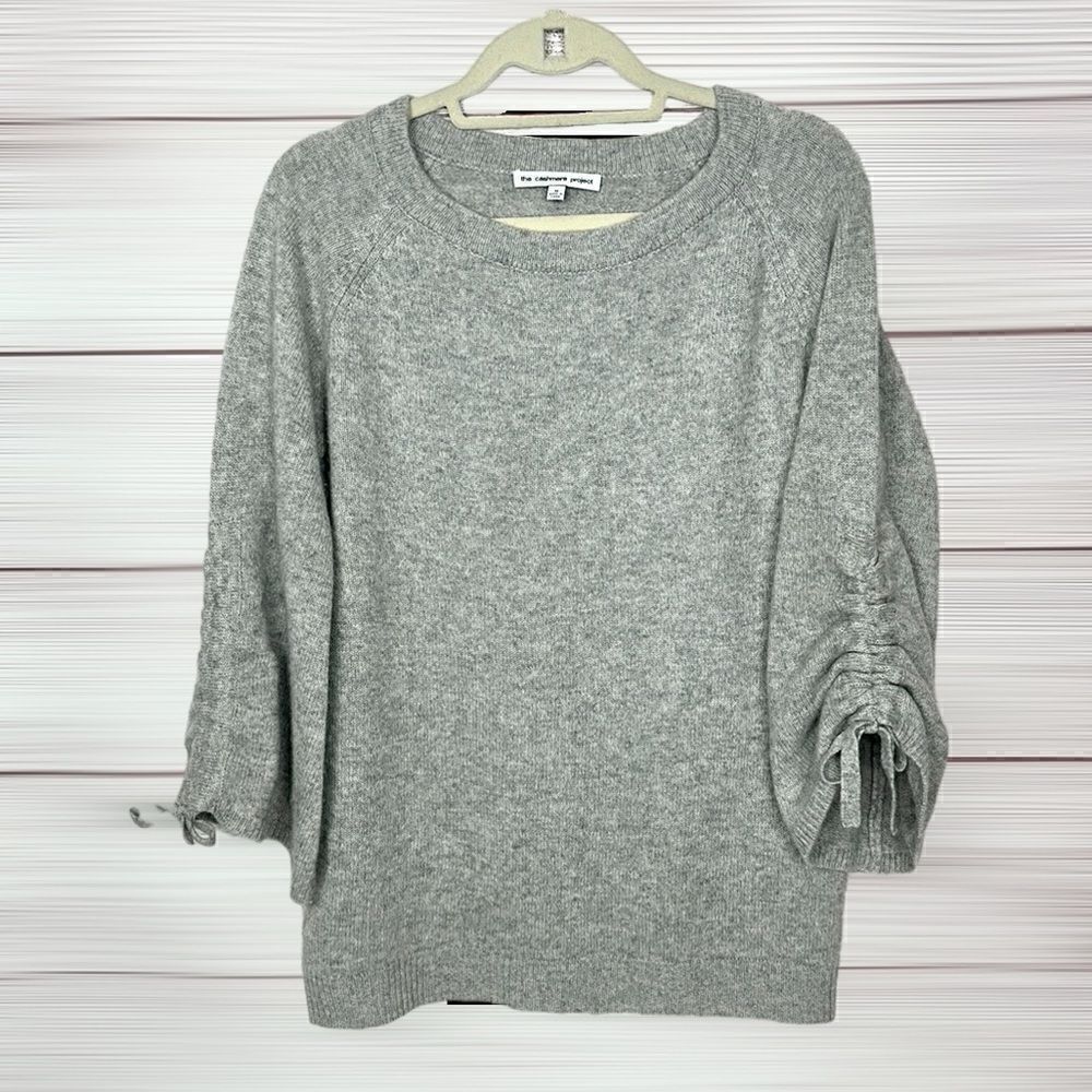 The Cashmere Project Cashmere Sweater Ruched Tie 3/4 Sleeve Gray Crew Neck M